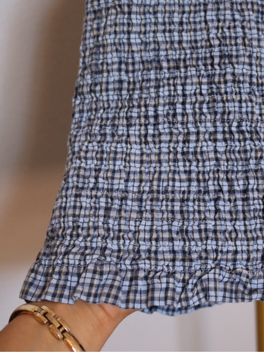 Vintage Fashion Bug Smocked Plaid Crop Top 100% Cotton Sky Blue Navy Yellow L - Picture 6 of 9